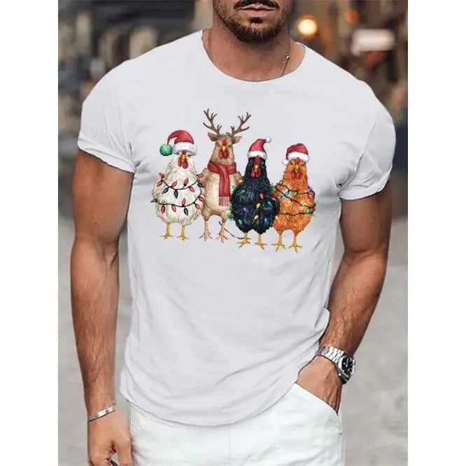 Festive Chickens Illustration Print Casual Short Sleeve Summer Crew Neck Lightweight & Breathable Made USA T-Shirts
