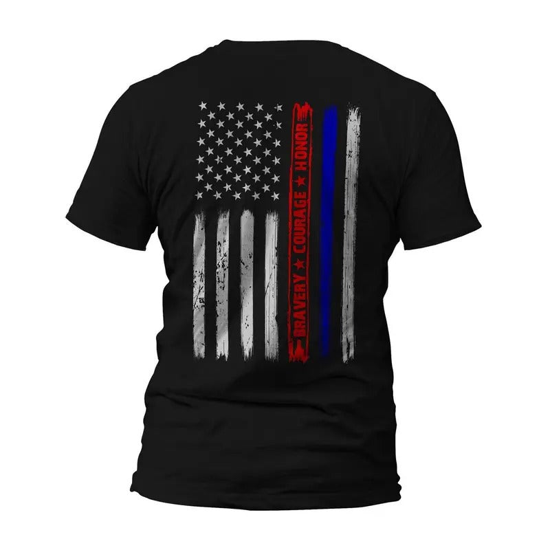 Firefighter Police Bravery Courage Honor Thin Red Blue Vertical Flag Casual T-Shirts