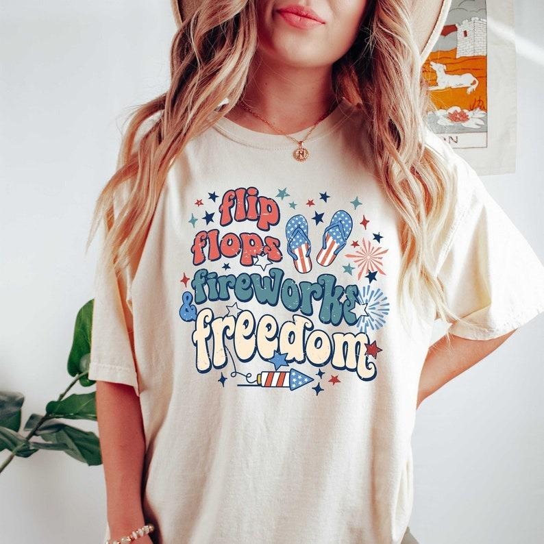Flip Flops Fireworks Freedom Patriotic Shirt Fourth July 4th July Shirt Independence Day Memorial Day T-Shirts