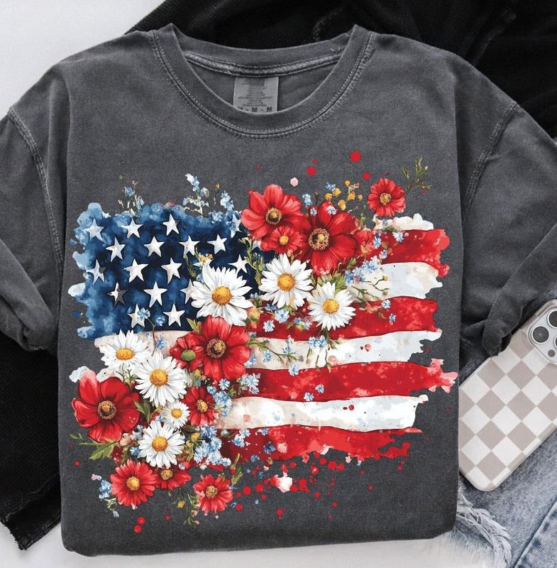 Floral American Flag America Coquette 4th July Retro 4th July T-Shirts