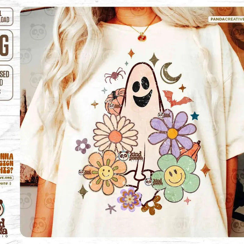 Floral Halloween Ghost Png Retro Sublimation Groovy Halloween Shirt Png Cute Ghost Png Download Spooky Season Boho Halloween Png T-Shirts