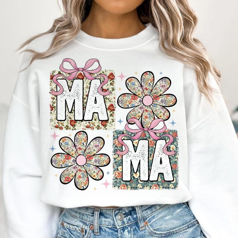 Floral Mama Coquette Bow Retro Mama Flower Shirt Mama Groovy Preppy Shirt T-Shirts