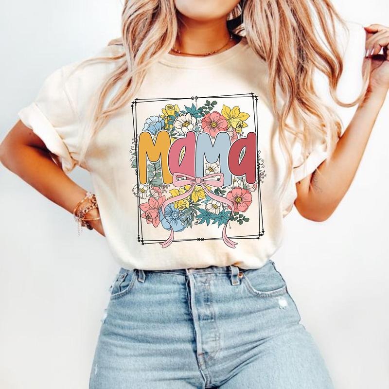 Floral Mama Coquette Retro Mama Shirt Mama Varsity Shirt Spring Floral Mom Pink Mama T-Shirts