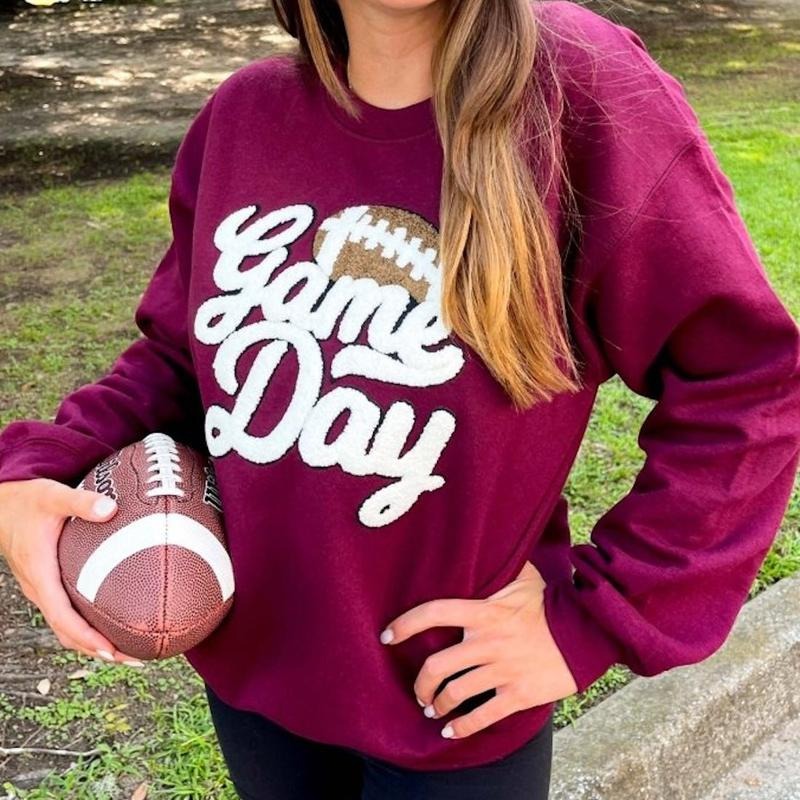 Football 'Game Day' Letter Patch Casual Long Sleeve Tops Chenille Patch Tailgating & Game Day Celebrations T-Shirts