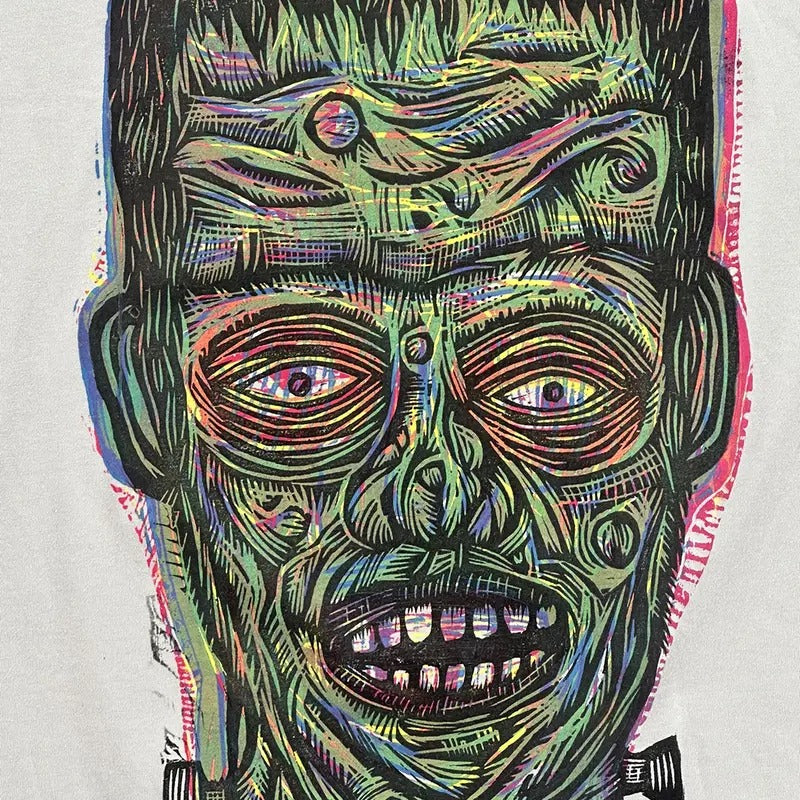 Frankenstein Woodcut Hand Printed Menswear Cotton Top Soft Long T-Shirts