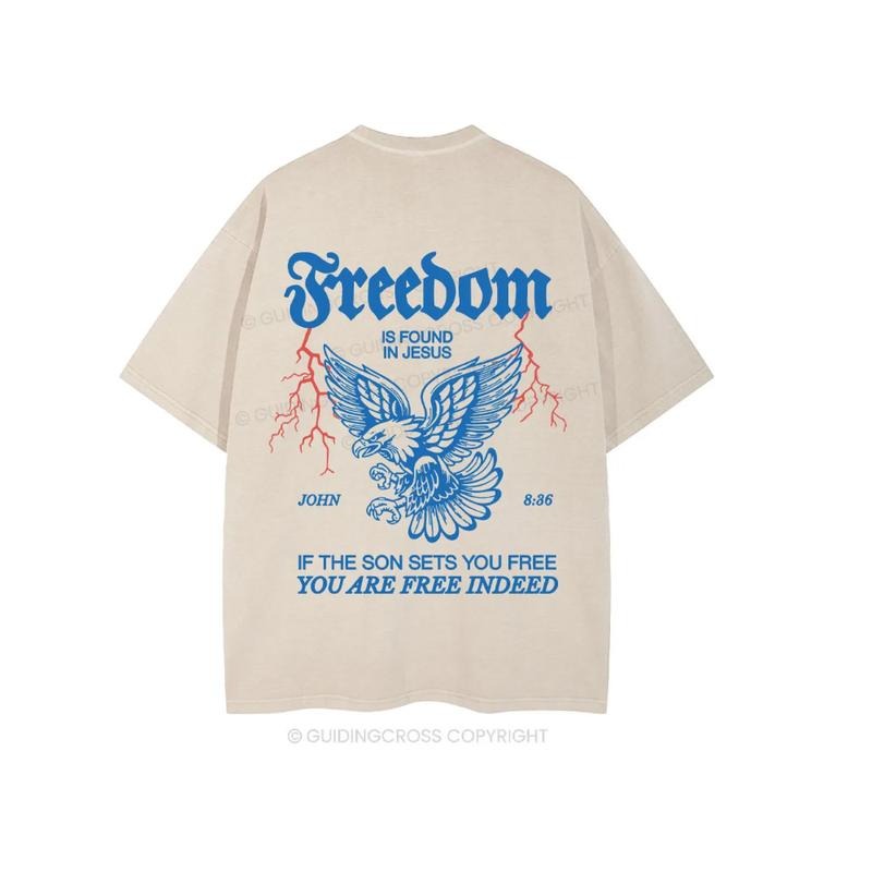 Freedom Is Found Jesus Christian Washed Pure Cotton Fabric Casual Streetstyle Crew Neck Short Sleeve Soft Washed Tops Perfect T-Shirts