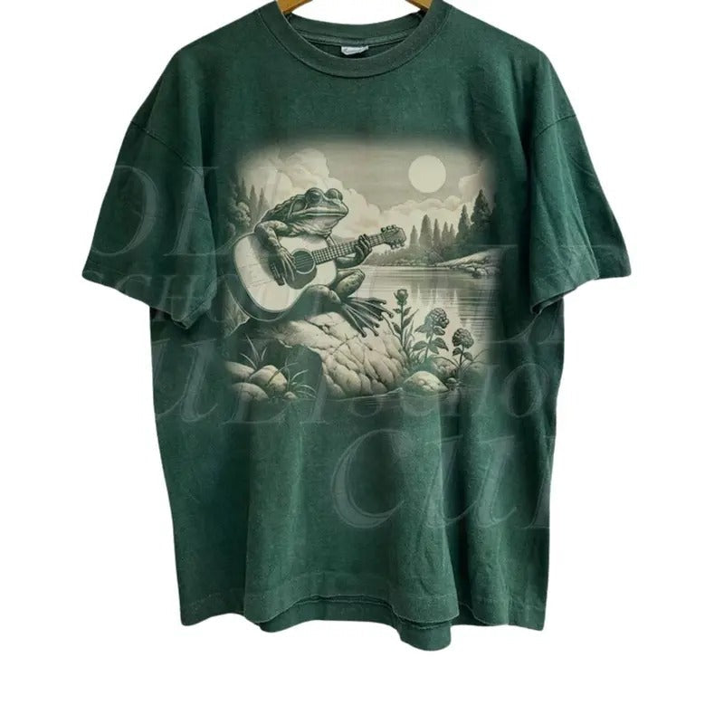 Frog Playing Guitar Vintage 90s Shirt Frog Toad Guitar Lovers Wild Free Frog Musician Washed Music Lovers T-Shirts
