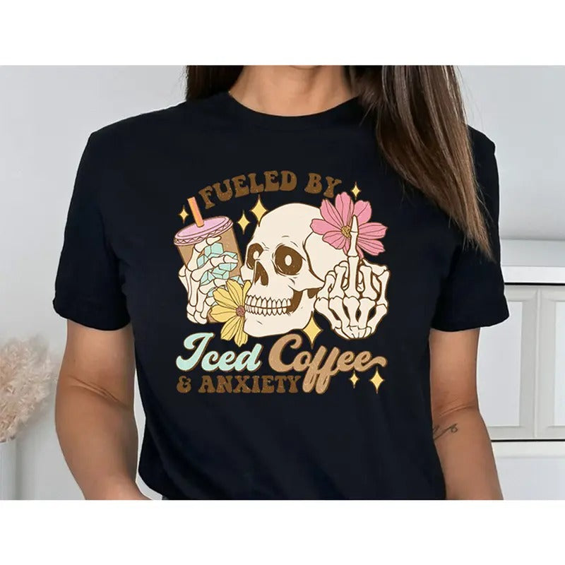 Fueled Iced Coffee Anxiety Shirt Mom Iced Coffee Shirt Mama Anxiety Shirt Shirt Coffee Shirt Retro Mom Shirt T-Shirts