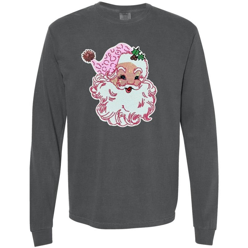 Full Sequin Blushing Santa Patch Long Sleeve Comfort Colors T-Shirts
