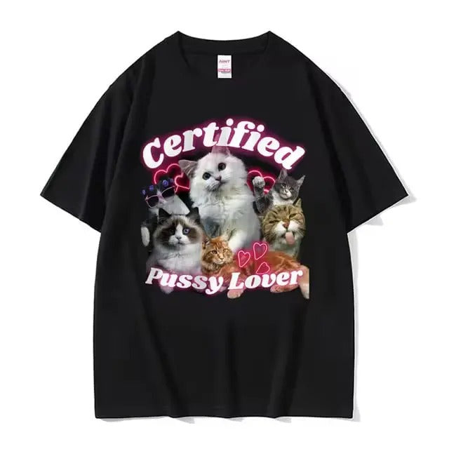 Funny Certified Cute Cat Lover Meme Vintage Shirt Short Sleeve Summer Casual Cotton Tops T-Shirts