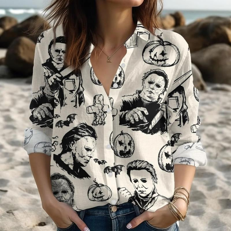 Funny Halloween 3D Beach Hawaiian 2025 Summerween Shirt Horror Characters Shirt Spooky Season Hawaiian Shirt T-Shirts