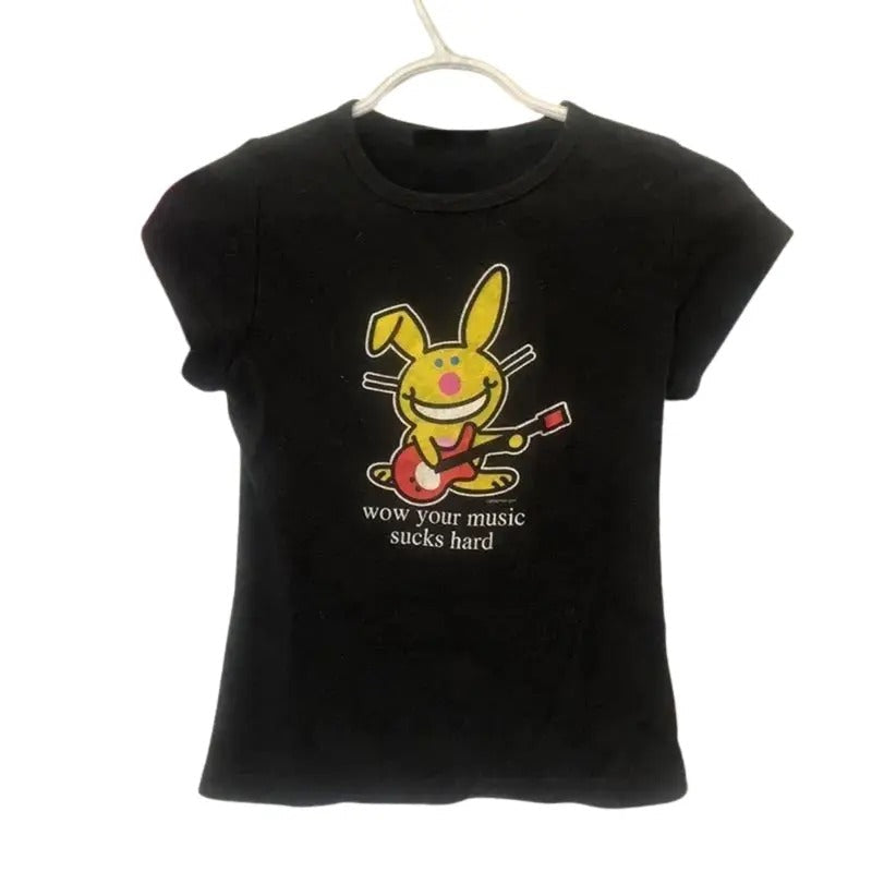 Funny Happy Bunny Baby Fitted Y2k Top Streetwear Gothic Emo Girl Scene 2000s Casual Cotton Short Sleeve Retro Womenswear T-Shirts