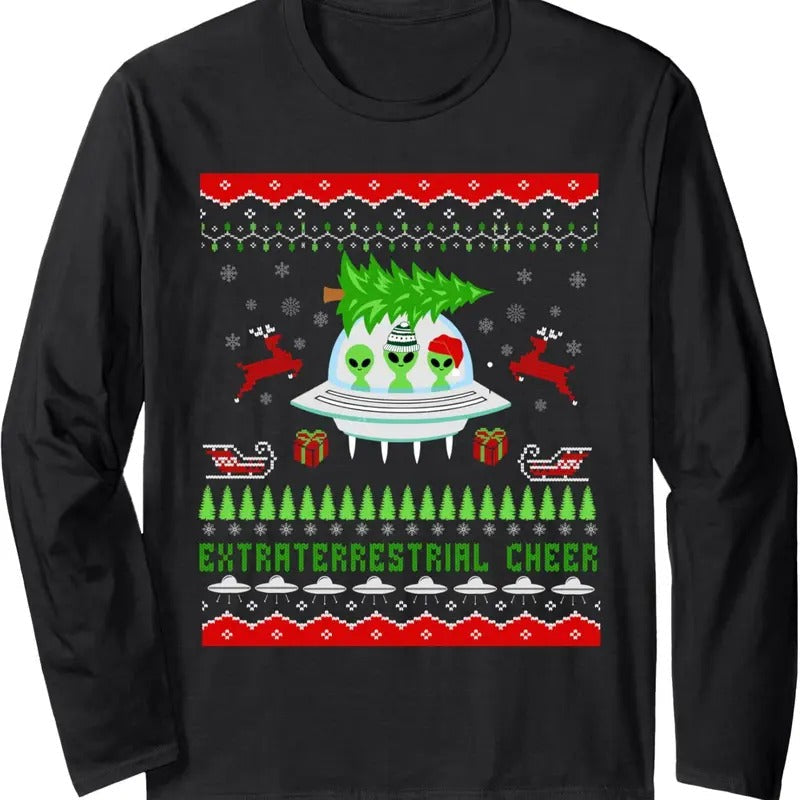 Funny Ugly Alien UFO Santa Reindeer Tree Long Sleeve T-Shirts