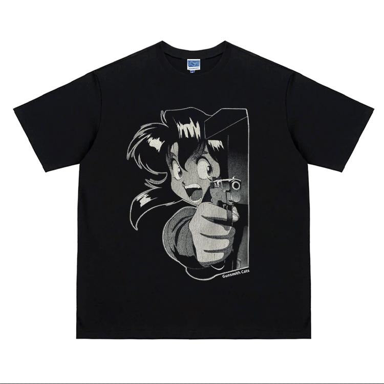 GUN SMITH CATS "Aiming" Heavyweight Vintage 100% Cotton Anime Menswear Top Crew Necks Casual Streetwear Black Tropical T-Shirts