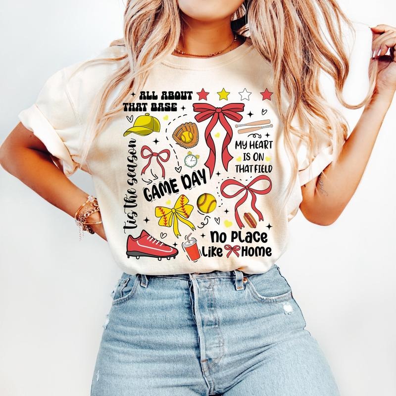 Game Day Softball Coquette Retro Softball Softball Bow Softball Mama Softball Mom Preppy Softball T-Shirts