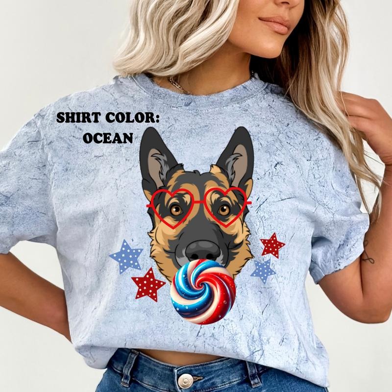 German Shepherd July 4th Dog Shirt ~ Relaxed Fit Printed USA Womenswear Casual Comfort Cotton Top Athletic Boho Chic T-Shirts