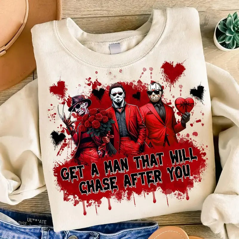 Get Man That Will Chase After You Pink Heart Valentine Horror Shirt Be Mine Shirt T-Shirts