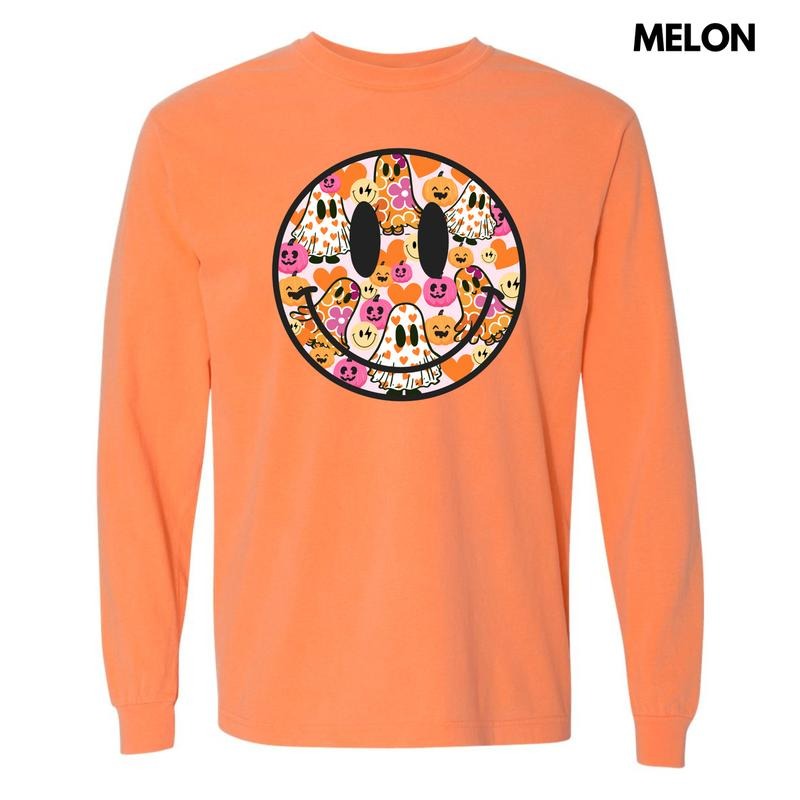 Ghost & Pumpkin Happy Face Long Sleeve Comfort Colors 'NLB' T-Shirts