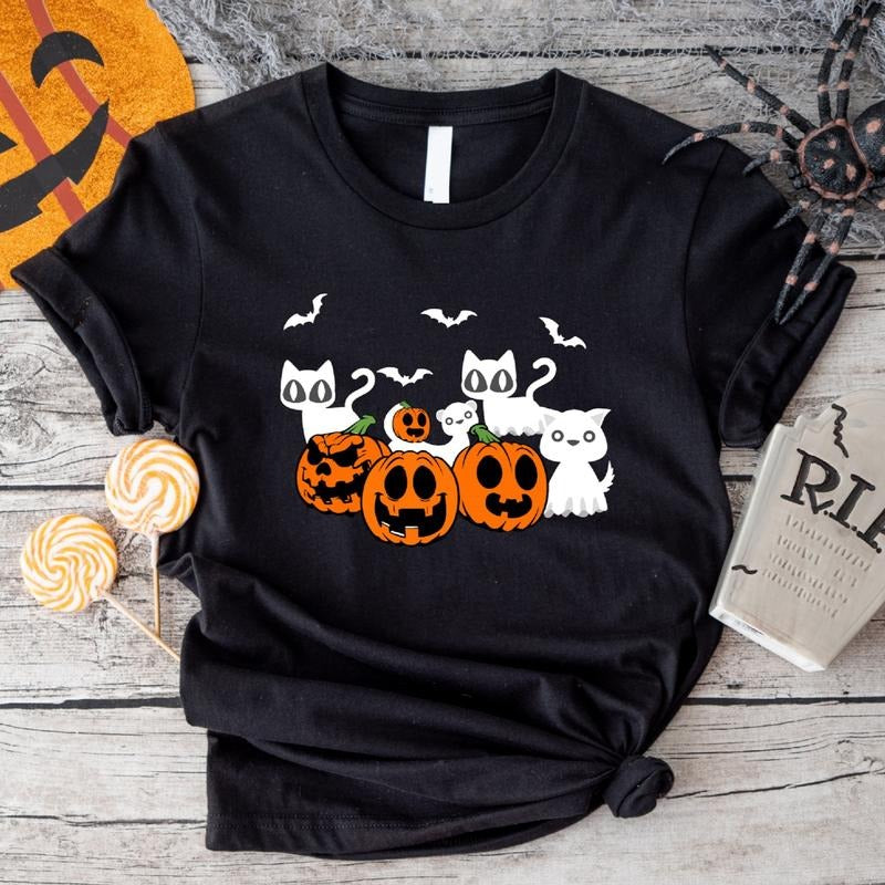 Ghost Cat Shirt Black Cat Pumpkin Creepy Halloween Cat Lover Shirt Spooky Season Short Sleeve T-Shirts