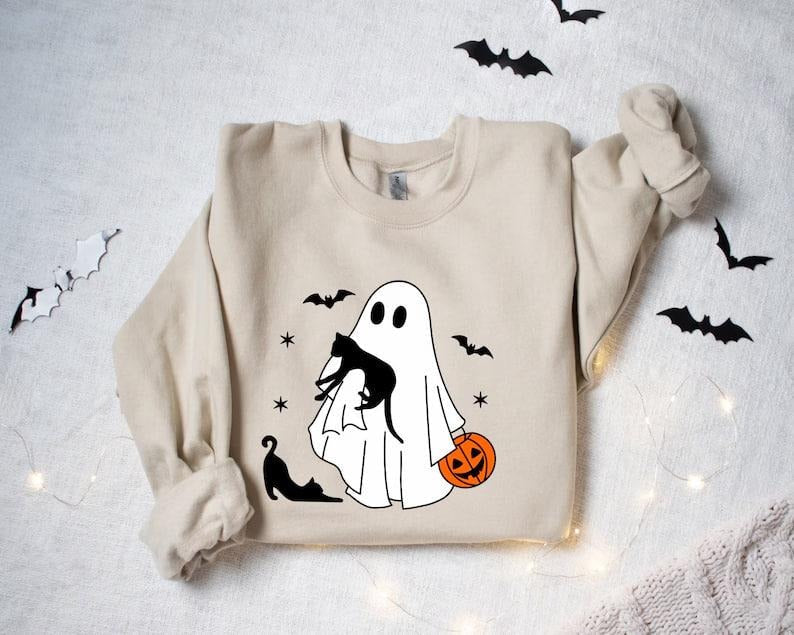 Ghost Holding Black Cat Halloween Halloween Ghost Black Cat Fall Spooky Season T-Shirts