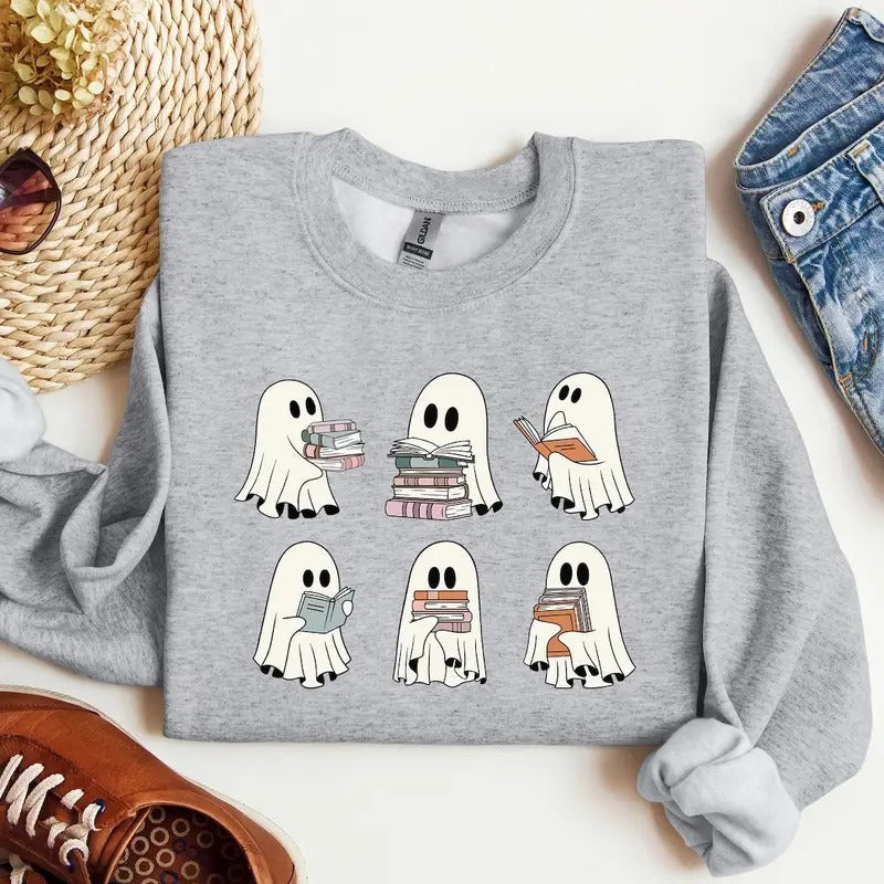 Ghost Reading Books Bookish Halloween Librarian Funny Ghost Reading Shirt Librarian Cotton T-Shirts