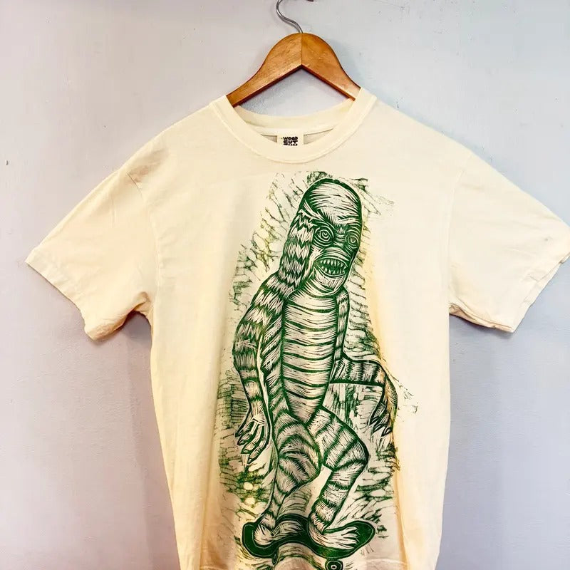 Giant Creature Hand Printed Woodcut Menswear Cotton Top Streetwear Casual T-Shirts