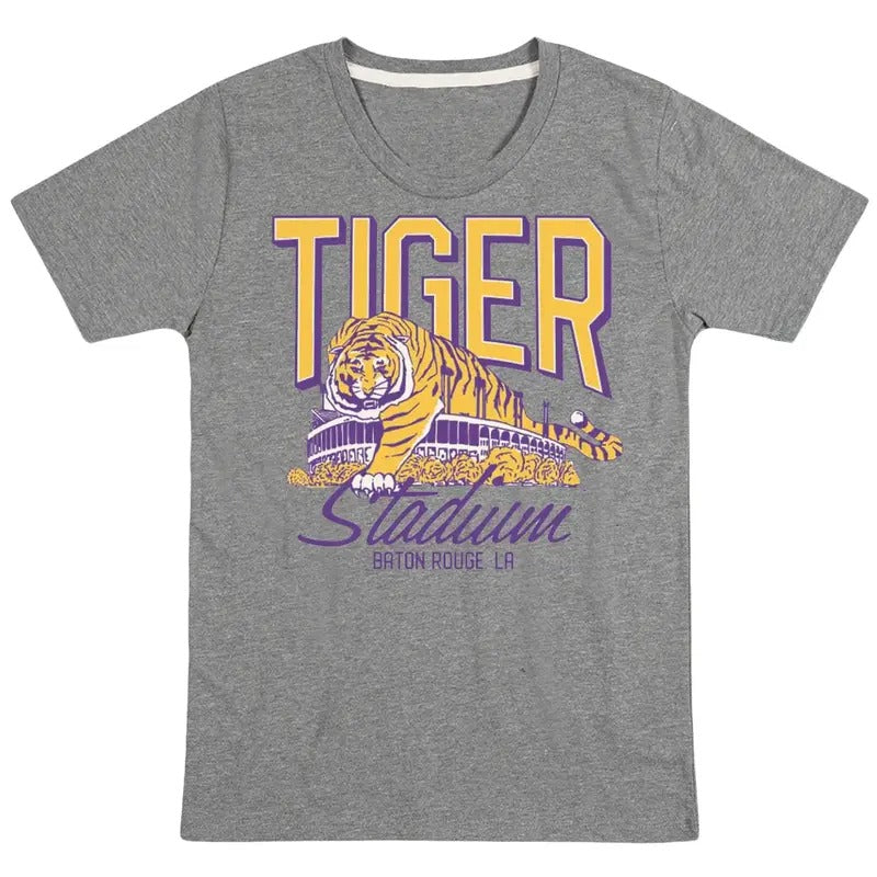 Gildan LSU Football Tiger Stadium Printed Ringer Classic Fit Short Sleeve Top Menswear 100% Cotton T-Shirts