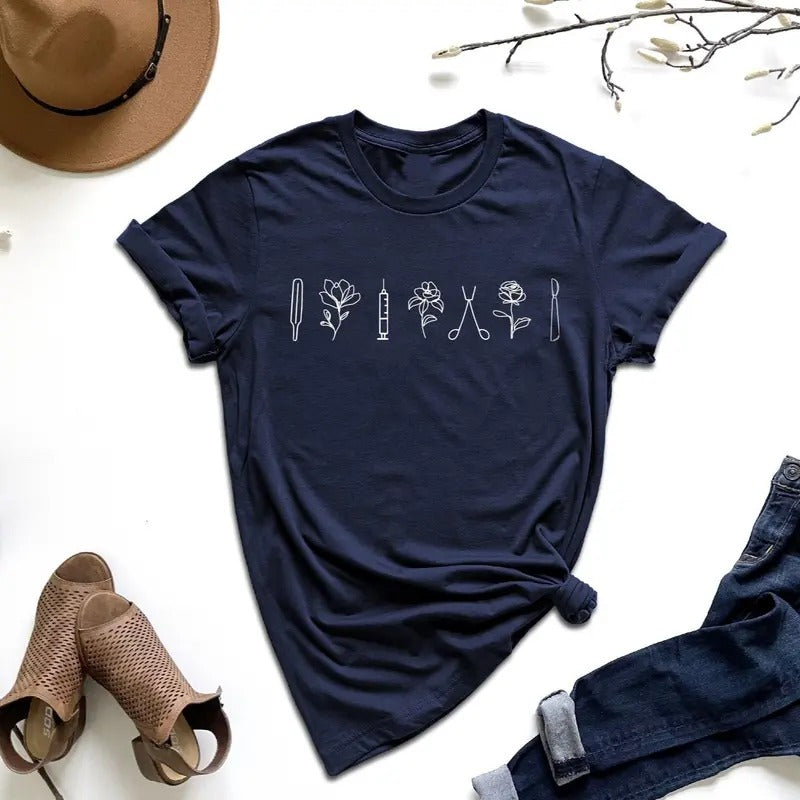 Gildan Minimalist Medical Shirt Floral Nurse Fitted Short Sleeve Crew Neck Cotton Top Summer Autumn Spring Winter Casual T-Shirts