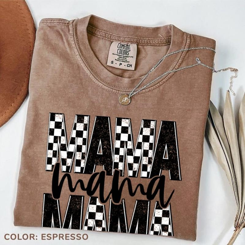Comfort Colors Checker & Faux Glitter 'Mama' Completed Top Womenswear New Shirt Your Mom Granma T-Shirts