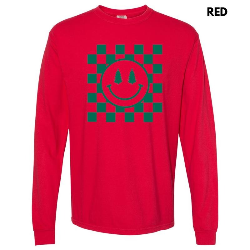Green Checkered Tree Happy Face Long Sleeve Comfort Colors T-Shirts