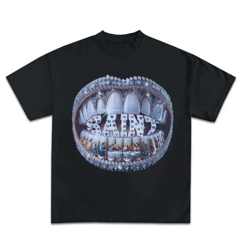 Grillz Dinamond Y2K Short Sleeve Tops Harajuku Hip Hop Retro Teeth Print T-Shirts