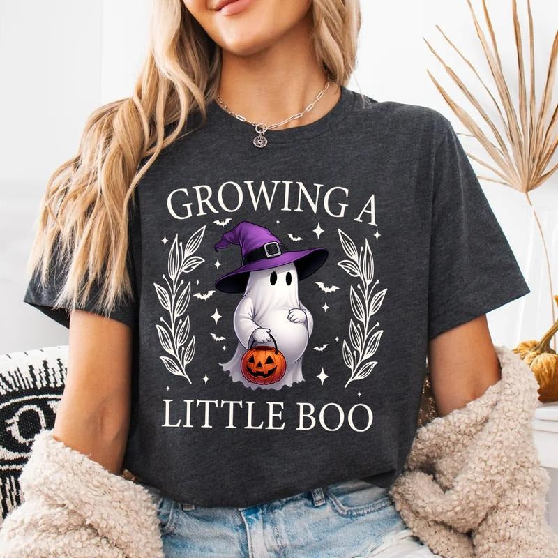 Growing Little Boo Shirt Cute Halloween Maternity Pregnant Moms Ghost Pumpkin Spooky Season T-Shirts