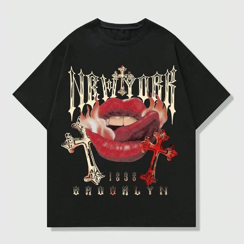 Grunge Punk Cross Lips Y2k Print Top Streetwear T-Shirts