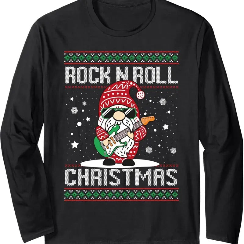 Guitarist Santa Gnome Guitar Rock N Roll Xmas Ugly Long Sleeve T-Shirts