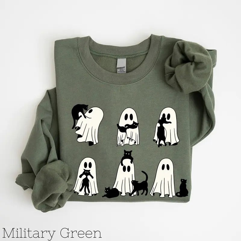 Halloween Cat Ghost Ghost Cat Shirt Happy Halloween Retro Spooky Season Black Cat T-Shirts