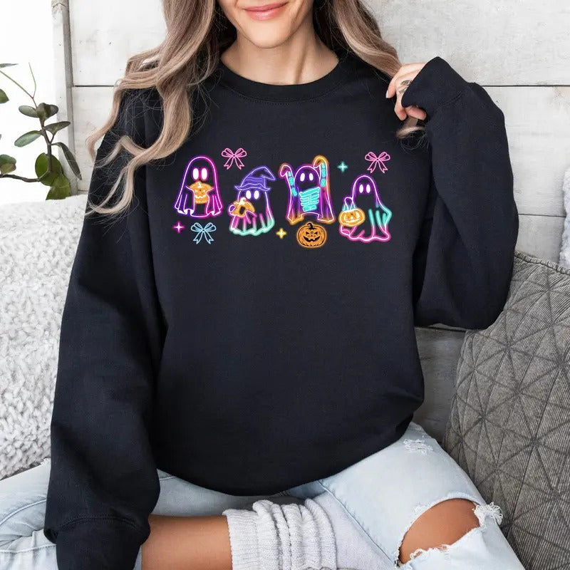 Halloween Ghost Neon Coquette Bow Shirt Neon Spooky Ghosts Spooky Season T-Shirts