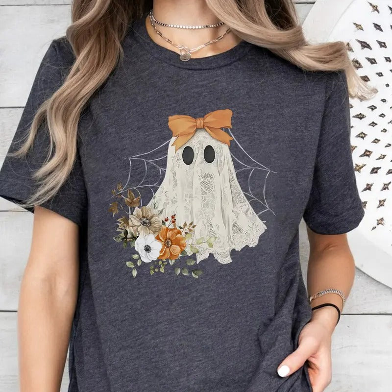 Halloween Lace Ghost Spooky Coquette Girly Ghost Lacey Ghost Spooky Season Ghost Floral Halloween Mama Sublimation T-Shirts