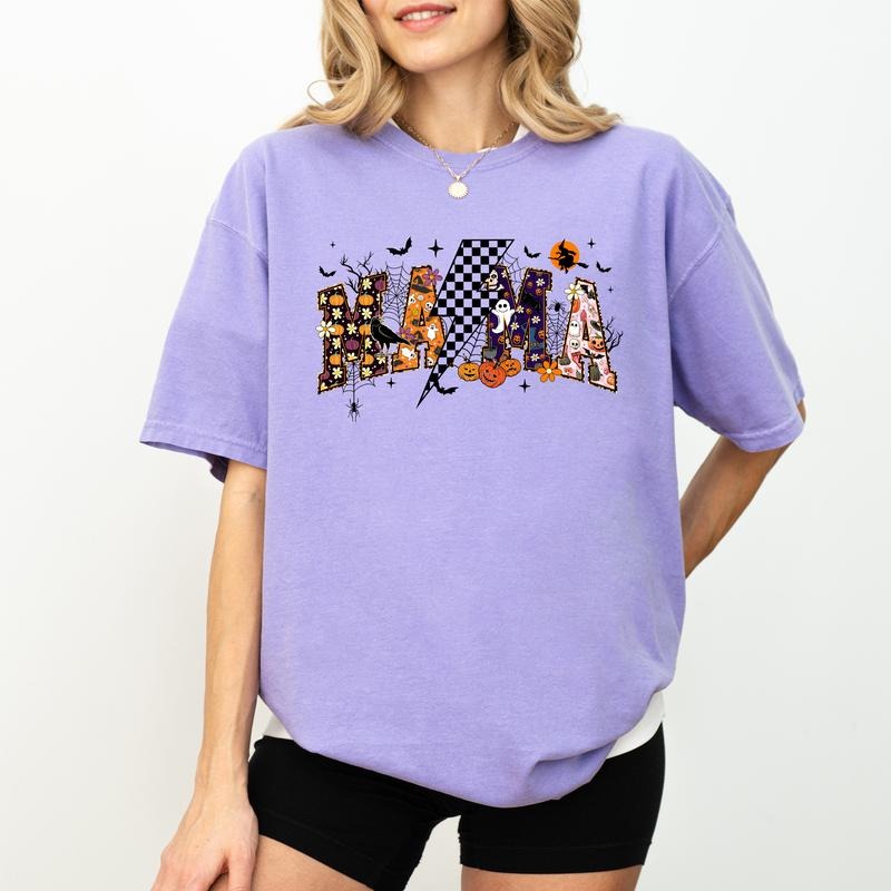 Halloween Mama Shirt Coquette Mama Top Mom Halloween Mom Cute Momster Spooky Mama Mom Comfy Fabric Tops Menswear Cotton Fabric Relaxed Fit Chic T-Shirts