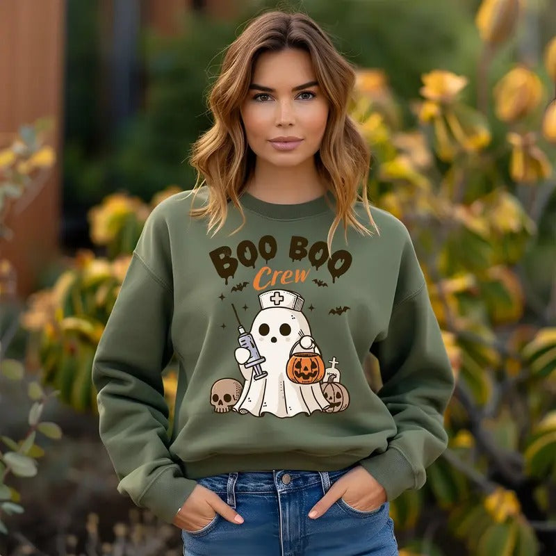 Halloween Nurse Cute Ghost Boo Crew Pumpkin Fall Spooky Season Cotton Printed T-Shirts