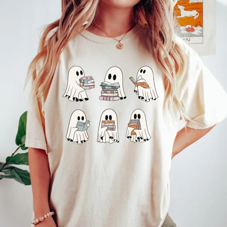 Halloween Retro Ghosts Reading Books Teacher Librarian Halloween Spooky Season Shirt Halloween Book Lover T-Shirts