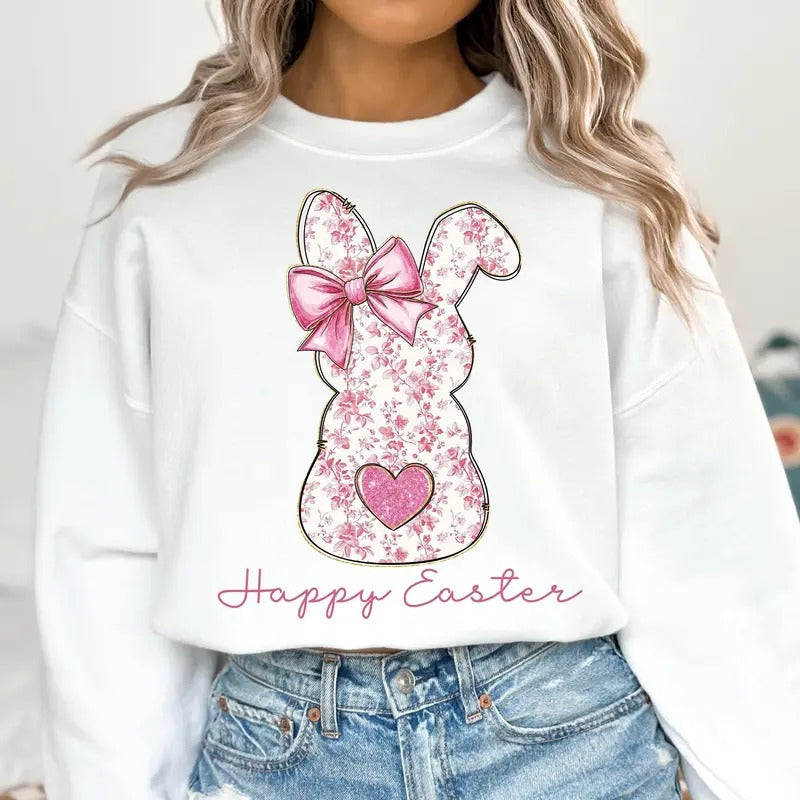 Happy Easter Pink Floral Chinoiserie Bunny Shirt Pink Toile Easter Rabbit Easter Coquette T-Shirts