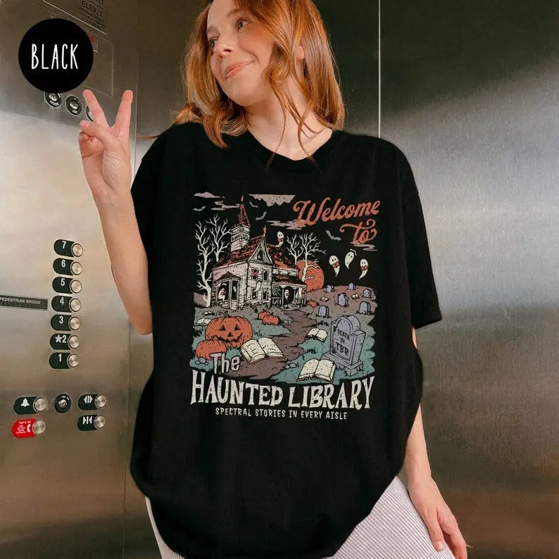 Haunted Library Shirt Book Lover Funny Halloween Librarian Bookish Spooky Reading Ghost Fall Cotton Top T-Shirts