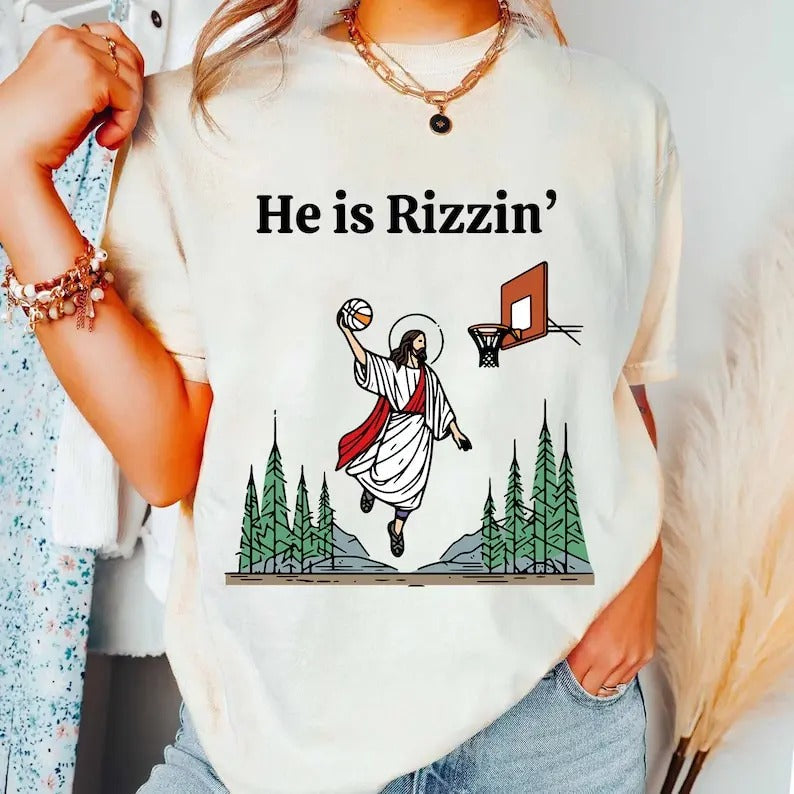 He Is Risen Funny Easter Shirt Jesus Playing Basketball Retro Y2K Christian Faith Religious Weirdcore That Go Hard T-Shirts