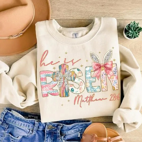 He Is Risen Christian Easter Matthew 28:6 Easter Jesus Easter Bible Verse Retro Easter Brushstroke Glitter Easter T-Shirts