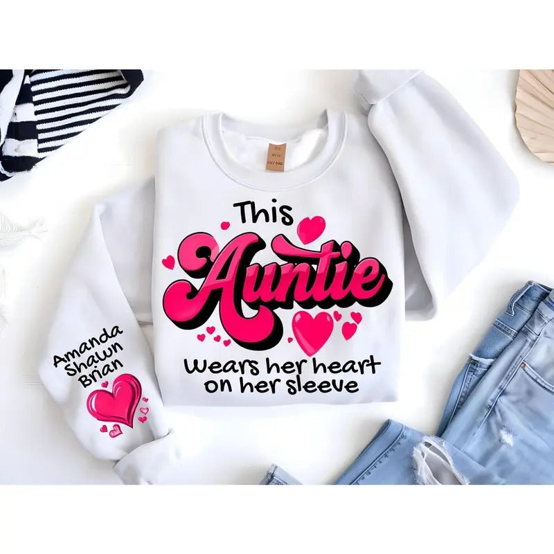 Heart Her Sleeve Custom Aunt Shirt Auntie Vday Her T-Shirts