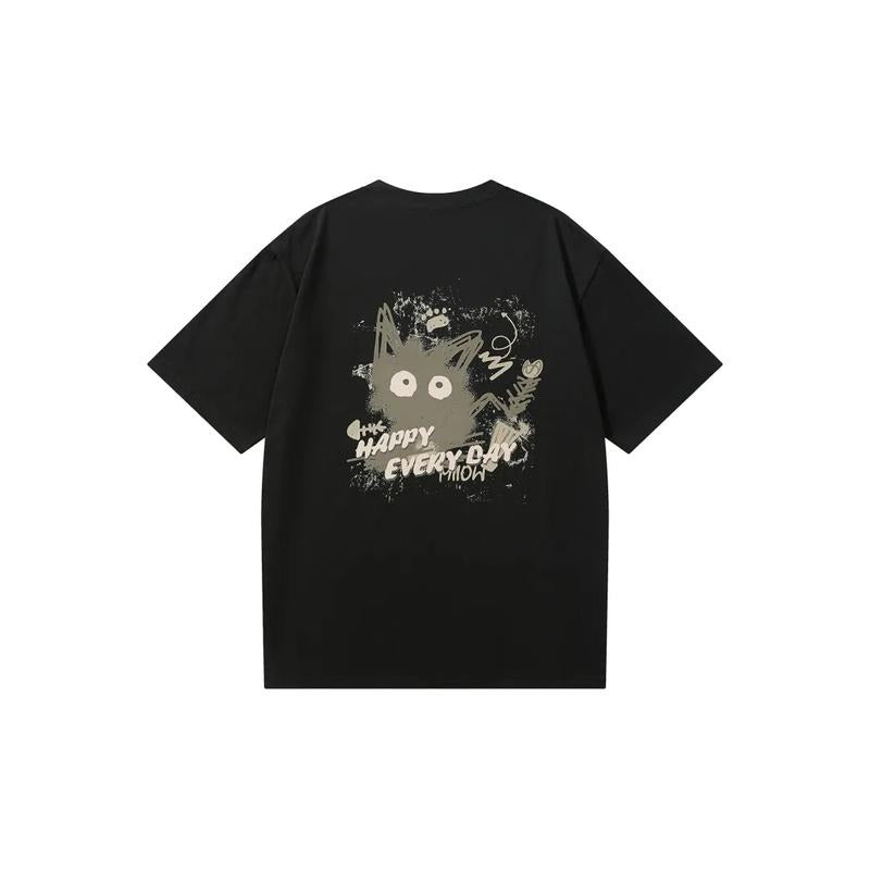 Heavy American Back Cartoon Print Simple All Matching Loose Casual Cotton Short Sleeve T-Shirts