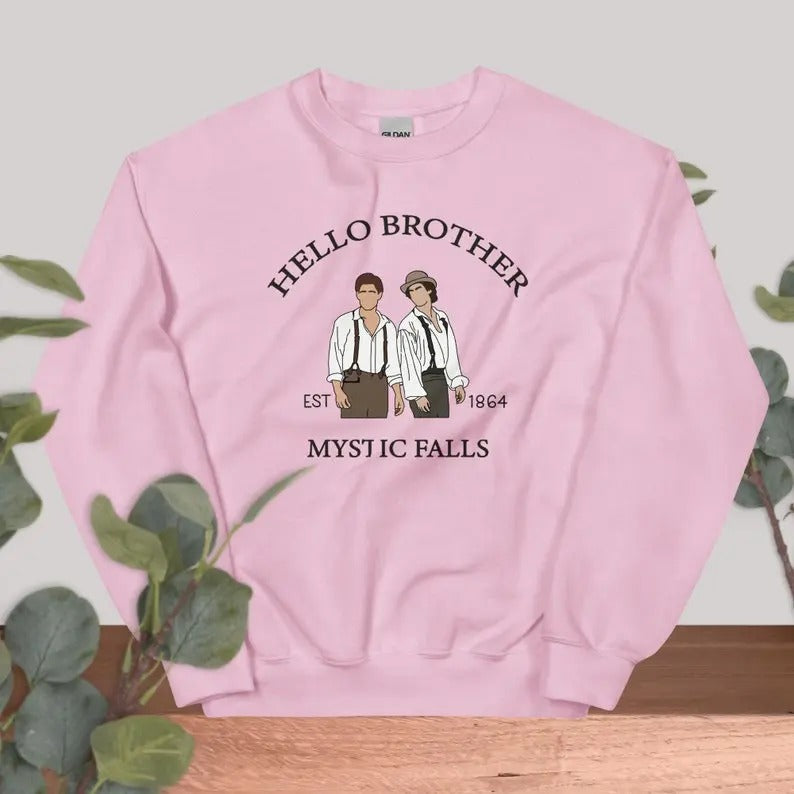 Hello Brother TVD Mystic Falls Shirt Salvatore Brother Caroline Vampire Diaries Bottom Collar Casual Classic Cotton Fabric T-Shirts