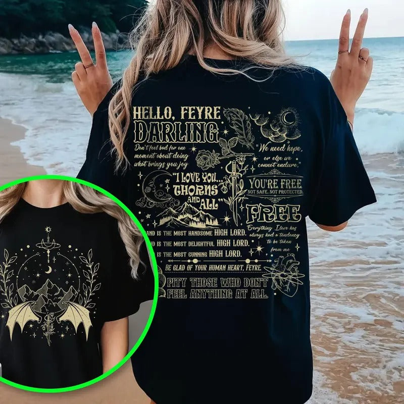 Hello Feyre Darling Velaris City Starlight Night Court ACOTAR Crew Neck Shirt Bookish Womenswear T-Shirts