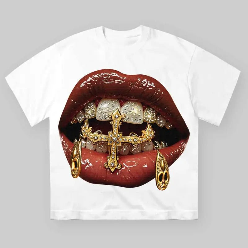 Gold Diamond Ring Mask Culture Lip Print Cotton Medium Short Sleeve Casual Streetwear T-Shirts