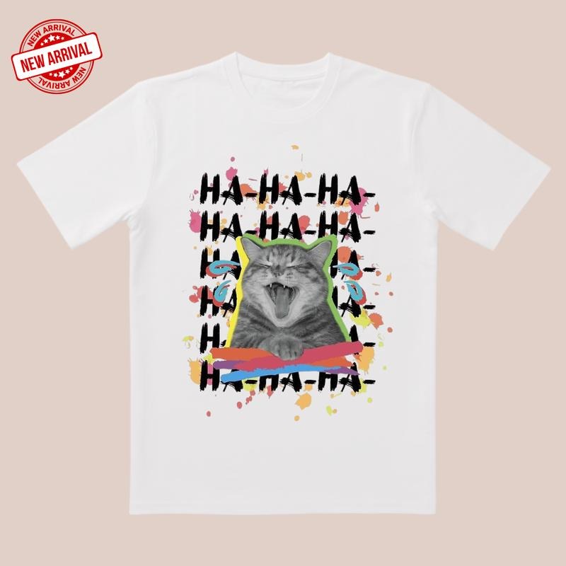 Hilarious Cat Shirt Splash Color & HA HA HA Text Laugh Out Loud Casual T-Shirts